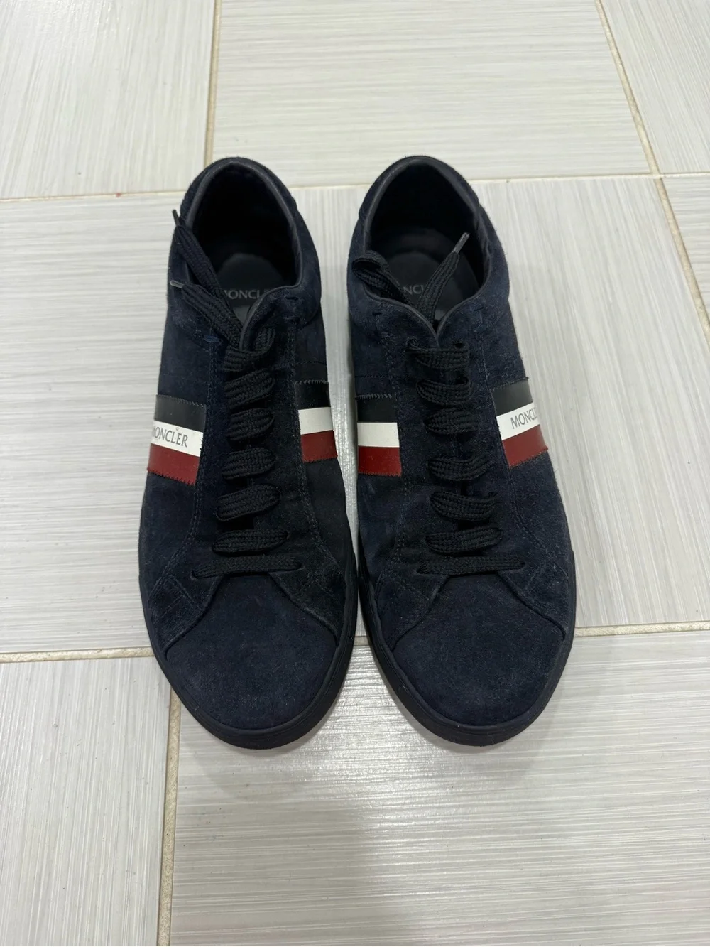Moncler Navy Suede Sneakers with Tricolor Stripe